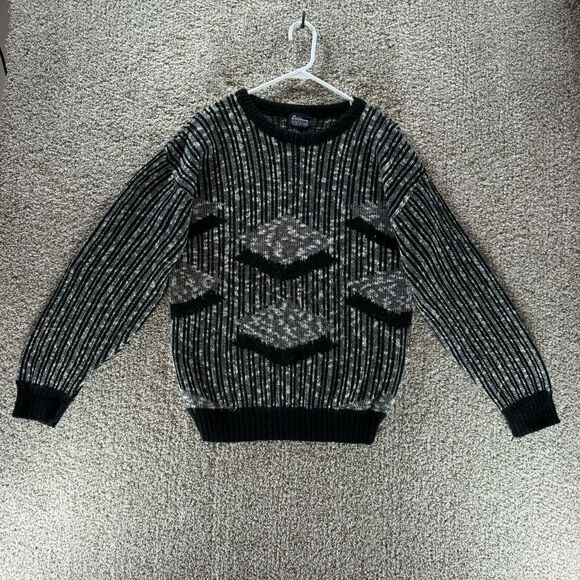 Vintage Edison Knitwear Sweater Mens Large Silver Black Pullover Made In USA VTG - Picture 1 of 13
